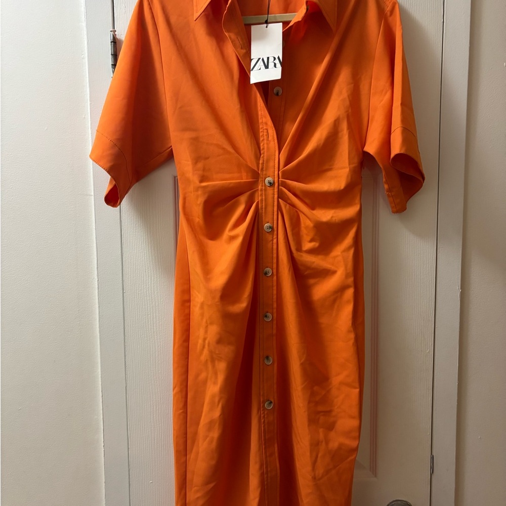 Zara Orange Ruched Cut Out Midi Dress
